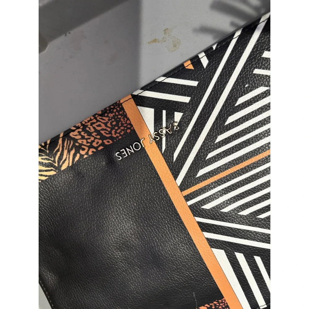 Sassy Jones Clutch Zippered Purse Handbag Black White Orange Animal Print Tassel
